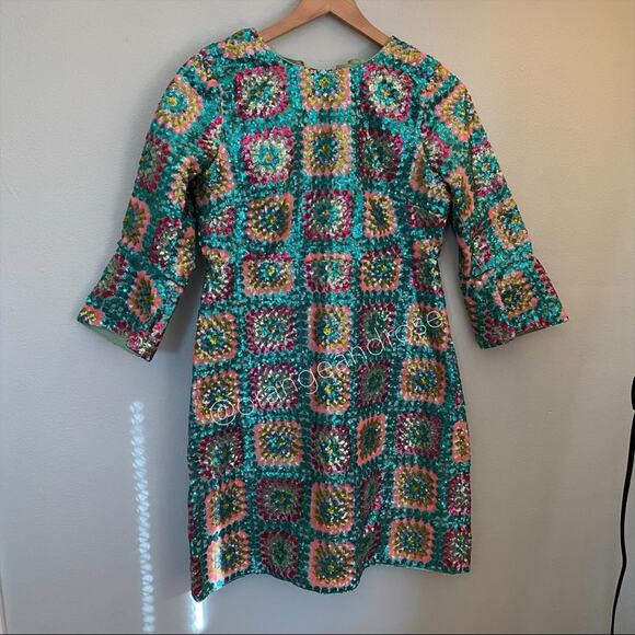 Manoush Sequin Teal Blue Unique Fitted Crochet Pattern Long Sleeve Mini Dress XS - Picture 4 of 14